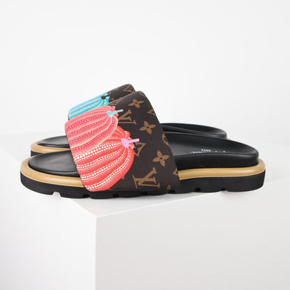 L***V Monogram Floral Embroidered Slide Sandals — 3D Coral & Mint Wide Band Slip-On Pool Beach Slippers (8 Colors)