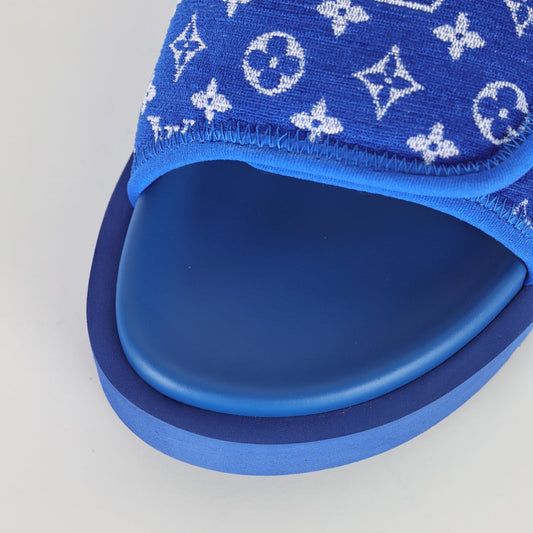 L***V Royal Blue Monogram Jacquard Twisted Bow Ruched Strap Miami Slide Sandals — Spring Summer Boutique Limited Edition