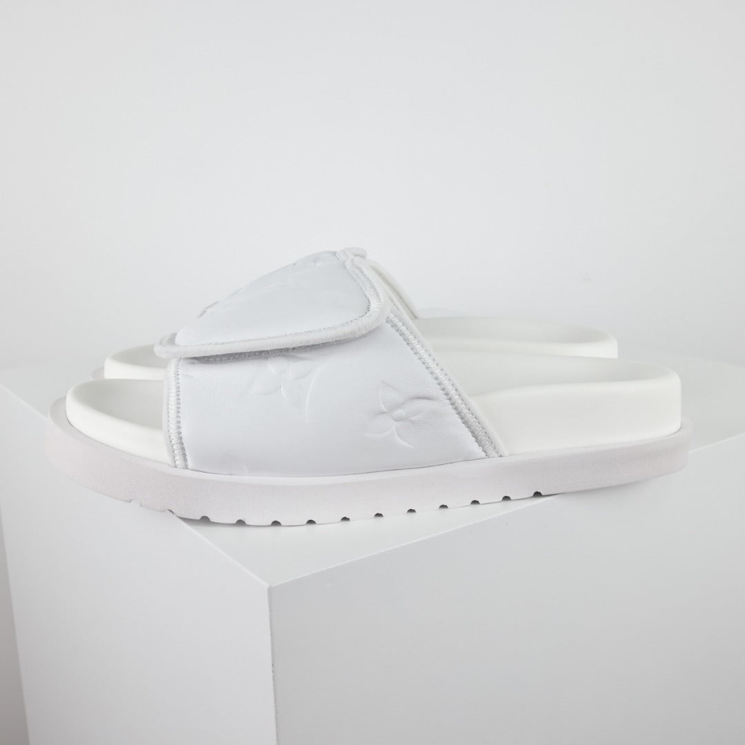 L***V All-White Inflated Pillow Leather Wide Strap Miami Slide Sandals — Spring Summer Boutique Limited Edition