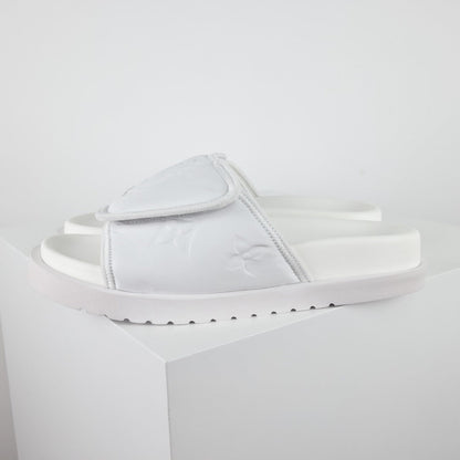 L***V All-White Inflated Pillow Leather Wide Strap Miami Slide Sandals — Spring Summer Boutique Limited Edition
