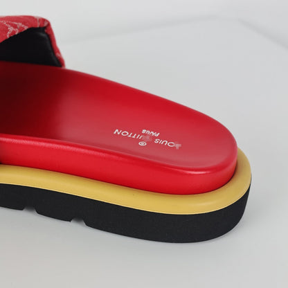 L***V Red Monogram Canvas Gold Safety Pin Double Strap Platform Slide Sandals — 2024 Spring Summer Boutique Limited Edition
