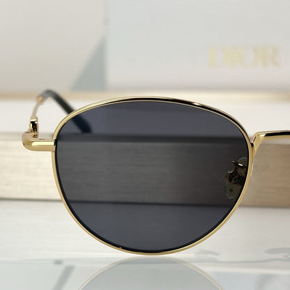 D**R Slim Round Sunglasses with Polished Gold Metal Wire Frame, Dark Grey Solid Lenses & CD Monogram Lens Detail