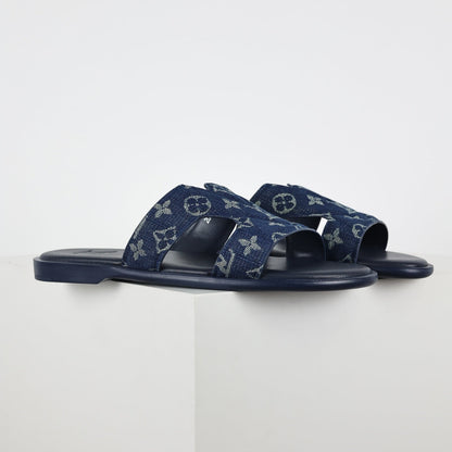 L***V Navy Blue Monogram Denim Jacquard H-Strap Multi-Band Oasis Flat Slide Sandals — Spring Summer Boutique Limited Edition
