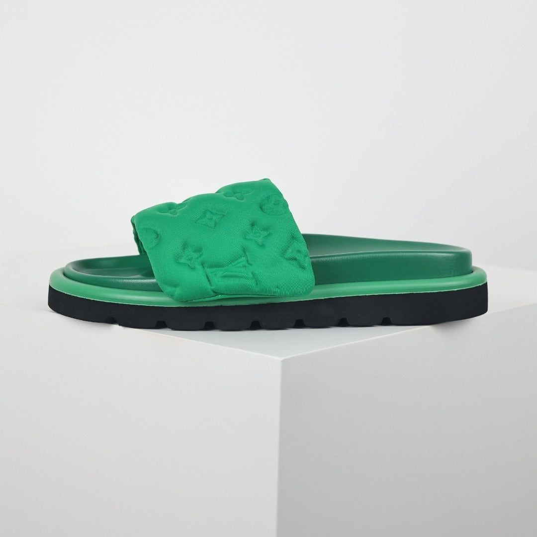 L***V Kelly Green Tonal Monogram Puffy Quilted Wide Strap Platform Slide Sandals — 2024 Spring Summer Boutique Limited Edition