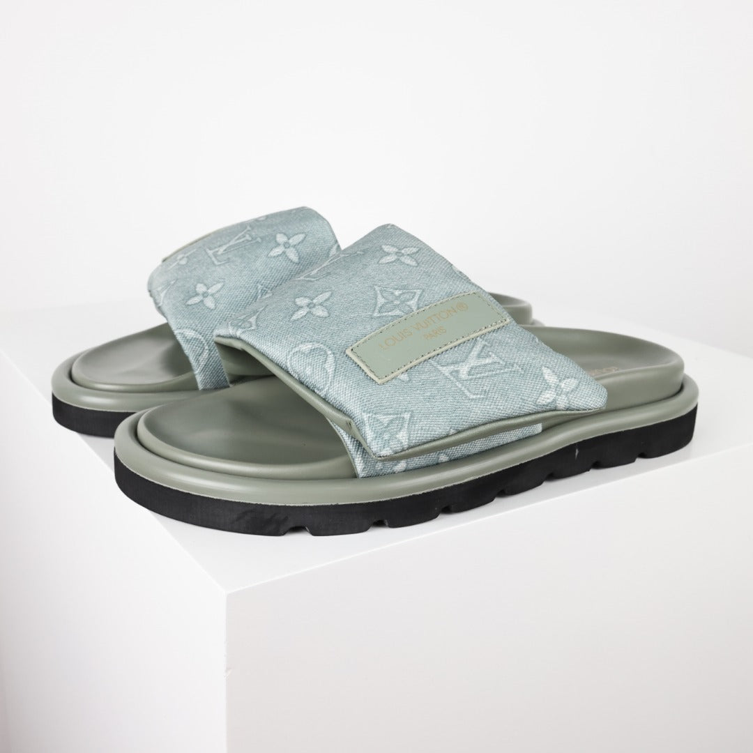 L***V Ice Blue Metallic Embossed Monogram Leather Wide Strap Platform Slide Sandals — Spring Summer Boutique Limited Edition