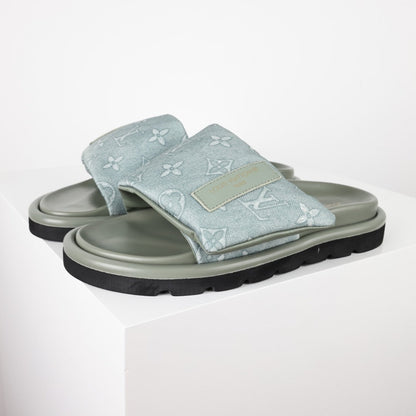 L***V Ice Blue Metallic Embossed Monogram Leather Wide Strap Platform Slide Sandals — Spring Summer Boutique Limited Edition