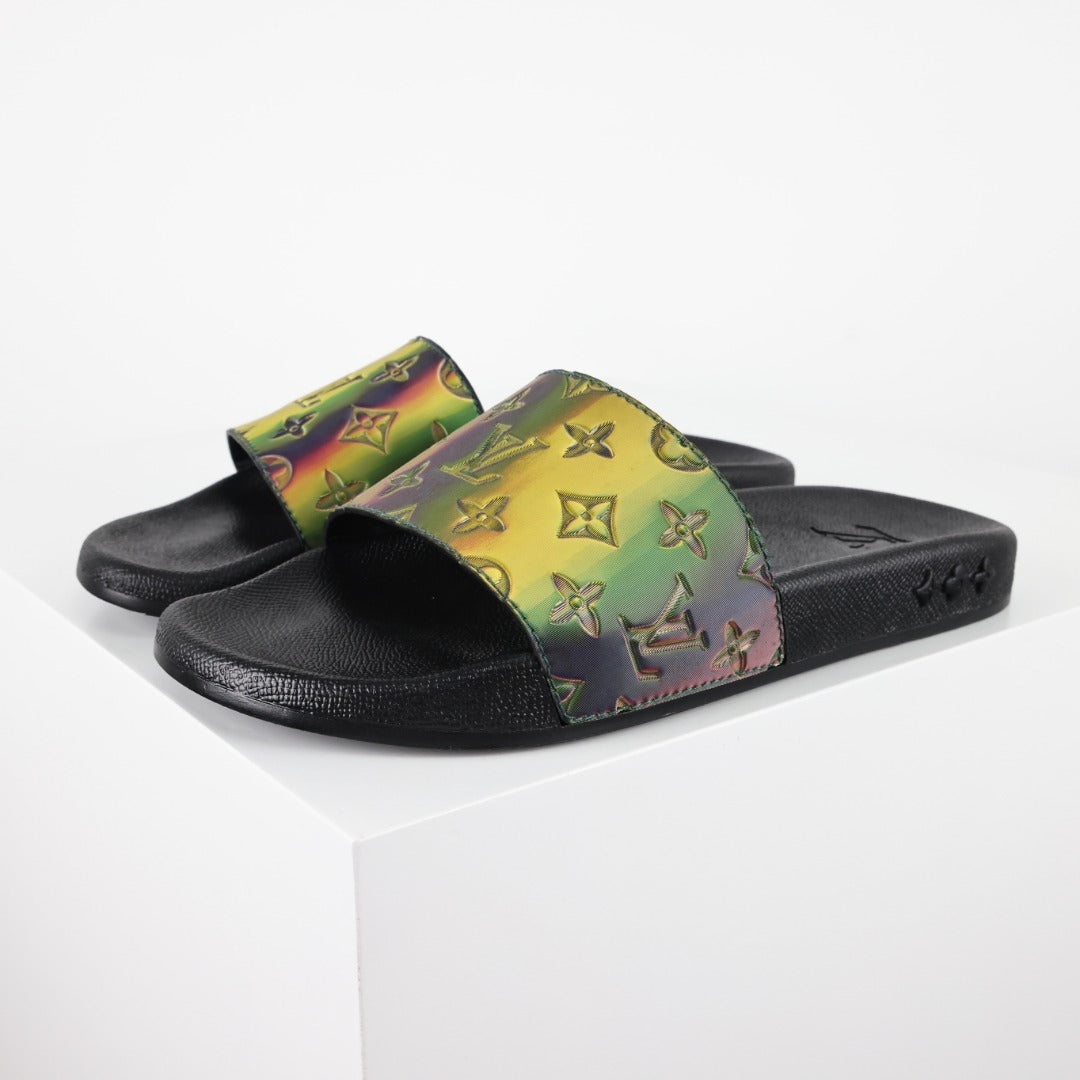 L***V Black Rainbow Iridescent Holographic Monogram Waterfront Wide Strap Slide Sandals — Spring Summer Boutique Limited Edition