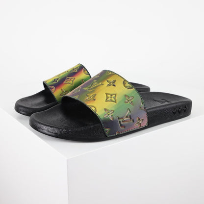 L***V Black Rainbow Iridescent Holographic Monogram Waterfront Wide Strap Slide Sandals — Spring Summer Boutique Limited Edition
