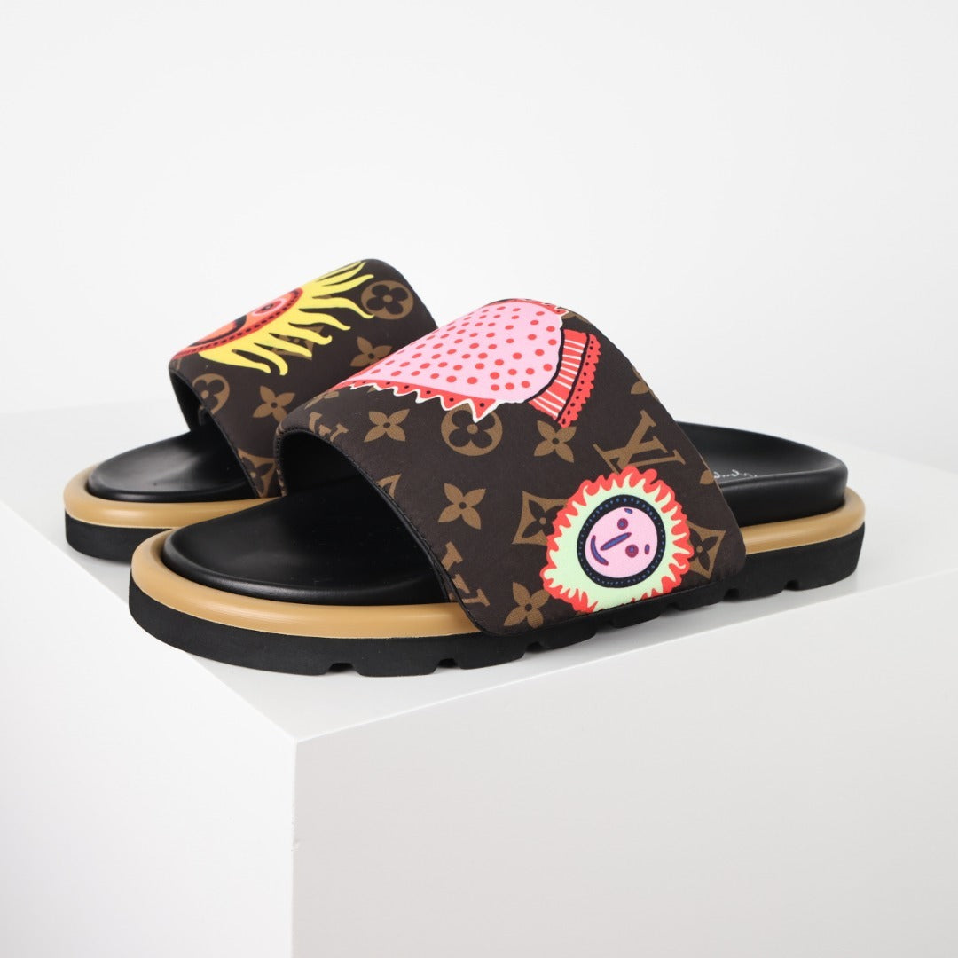 L***V Monogram Graffiti Slide Sandals — Limited Edition Print Single Strap Pool Slippers (4 Colors)