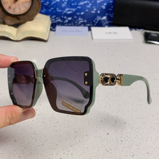 D**R Oversized Square Sunglasses | Sage Green Frame, Gold CD Logo Temple & Blue-Purple Gradient Lenses