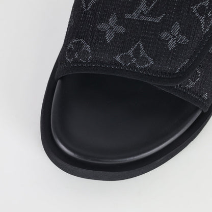 L***V All-Black Tonal Monogram Jacquard Twisted Bow Ruched Strap Miami Slide Sandals — Spring Summer Boutique Limited Edition