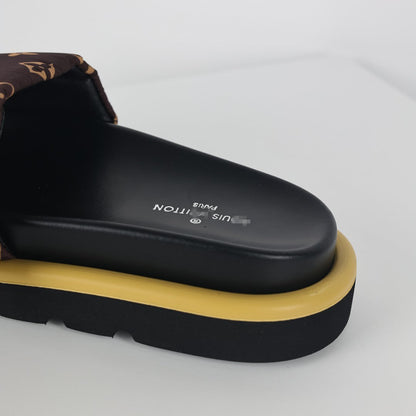 L***V Brown Classic Monogram Canvas Gold Safety Pin Platform Slide Sandals — 2024 Spring Summer Boutique Limited Edition