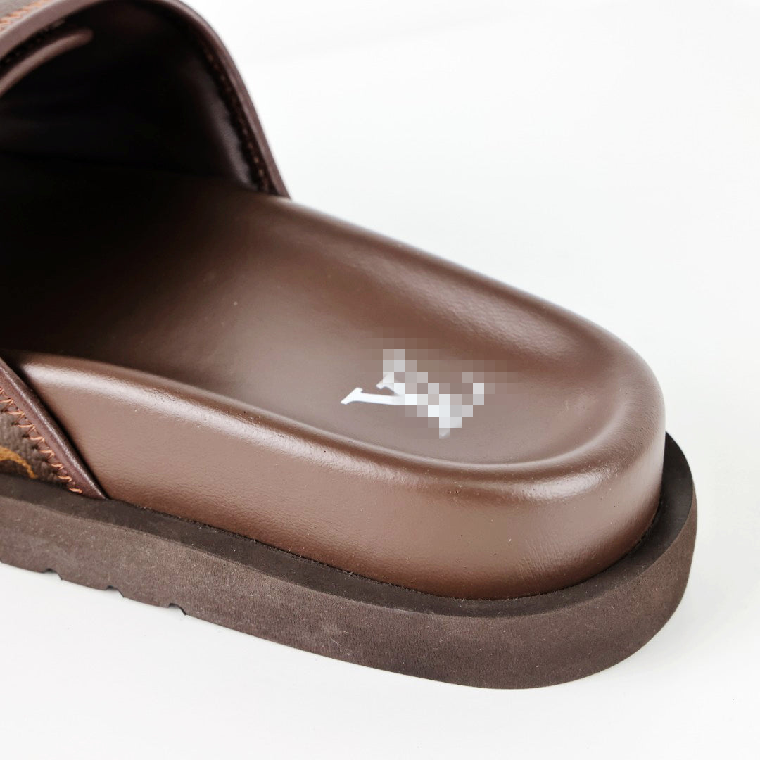 L***V Damier Ebene Dark Brown Velcro Adjustable Wide Strap Miami Slide Sandals — Spring Summer Boutique Limited Edition