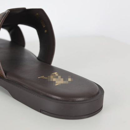 L***V Dark Brown Damier Ebene Embossed Leather H-Strap Multi-Band Oasis Flat Slide Sandals — Spring Summer Boutique Limited Edition