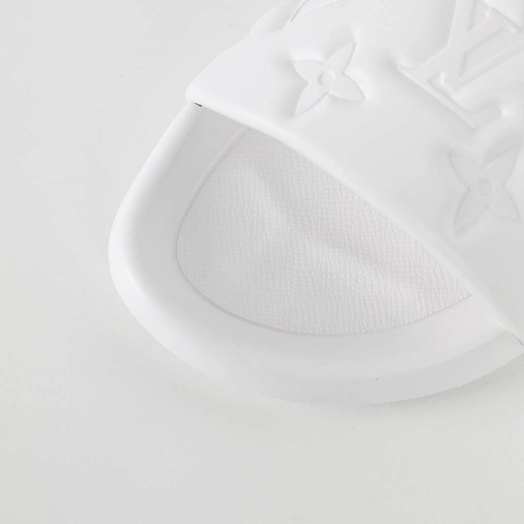 L***V White Tonal Monogram Embossed EVA Waterfront Wide Strap Slide Sandals — Spring Summer Boutique Limited Edition