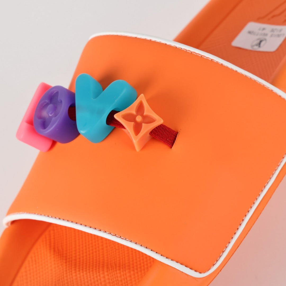 L***V Orange 3D Multicolor Pop Logo Wide Strap Slide Sandals — Spring Summer Boutique Limited Edition