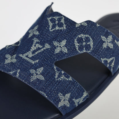 L***V Navy Blue Monogram Denim Jacquard H-Strap Multi-Band Oasis Flat Slide Sandals — Spring Summer Boutique Limited Edition