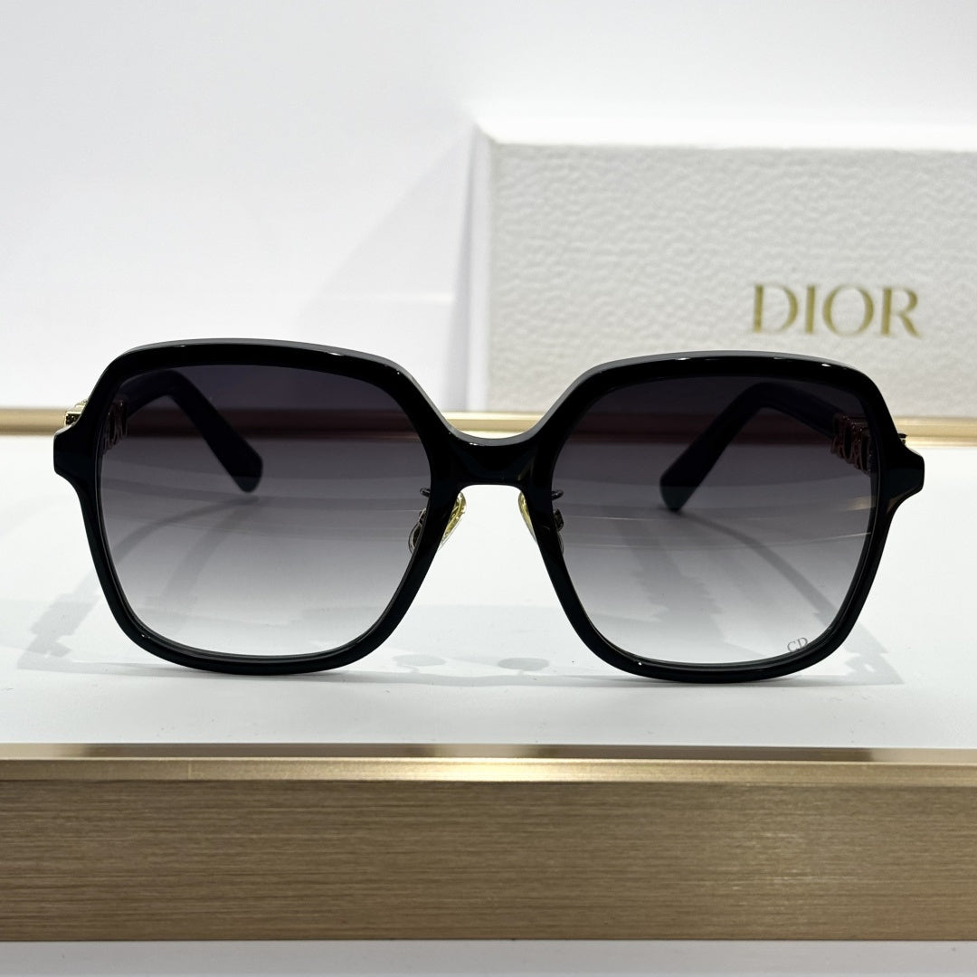 D**R Oversized Square Sunglasses | Gloss Black Acetate, Gold Crystal-Set DIOR Letter Temple, Gradient Grey Lenses, CD Monogram Print
