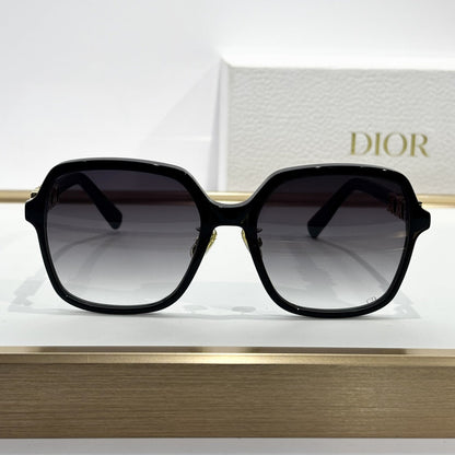 D**R Oversized Square Sunglasses | Gloss Black Acetate, Gold Crystal-Set DIOR Letter Temple, Gradient Grey Lenses, CD Monogram Print