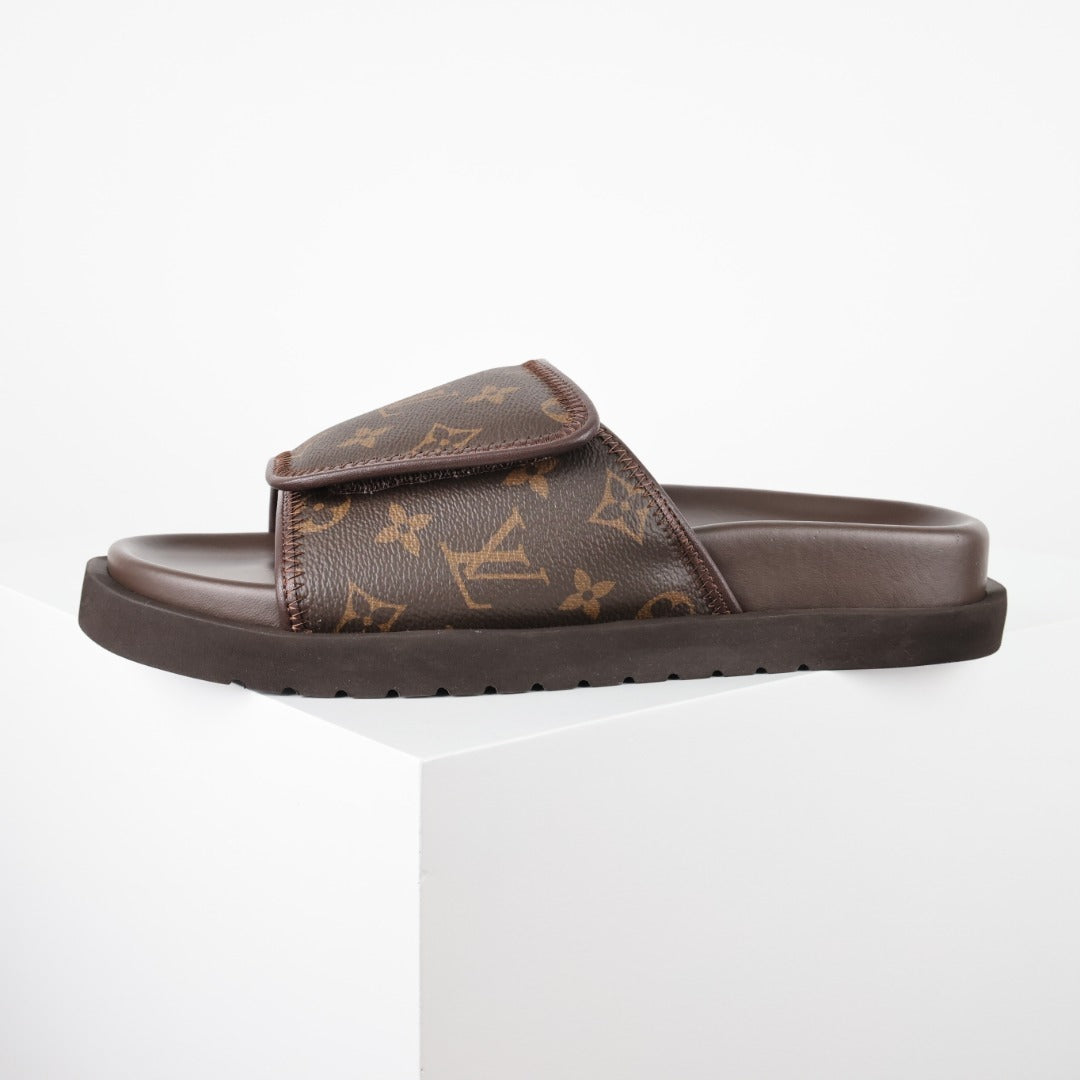 L***V Damier Ebene Dark Brown Velcro Adjustable Wide Strap Miami Slide Sandals — Spring Summer Boutique Limited Edition