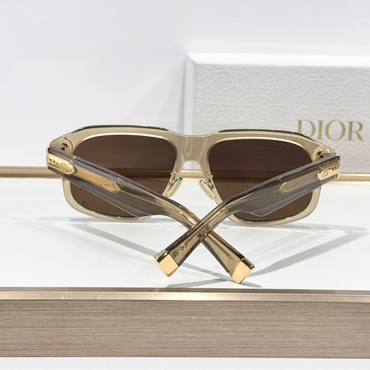D**R Oversized Square Acetate Sunglasses | Transparent Champagne Frame, Gold CD Rivet, Gold Metal Tip, Flat Brown Lenses