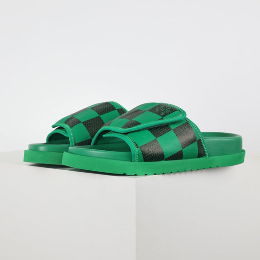L***V Grass Green Black Damier Checkerboard Inflated Pillow Leather Velcro Double Strap Miami Slide Sandals — Spring Summer Boutique Limited Edition