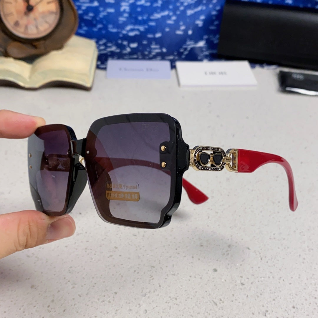 D**R Oversized Square Sunglasses | Black Frame, Red Temple, Gold CD Logo & Grey Gradient Lenses