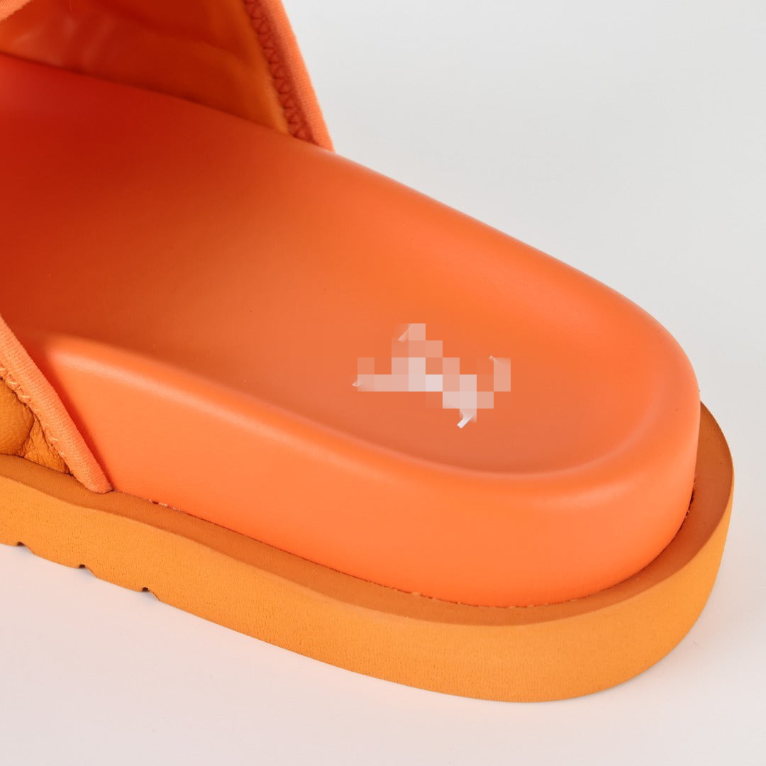 L***V Tangerine Orange Inflated Pillow Leather Velcro Adjustable Wide Strap Miami Slide Sandals — Spring Summer Boutique Limited Edition