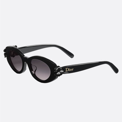 D**R Cat-Eye Oval Sunglasses | Glossy Black Acetate Frame, 3D Floral Detail & Grey Gradient Lenses