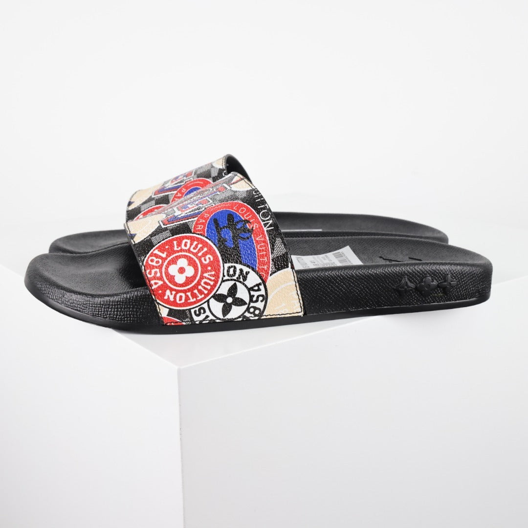 L***V White Multicolor Circular Badge Travel Sticker Print Waterfront Wide Strap Slide Sandals — Spring Summer Boutique Limited Edition