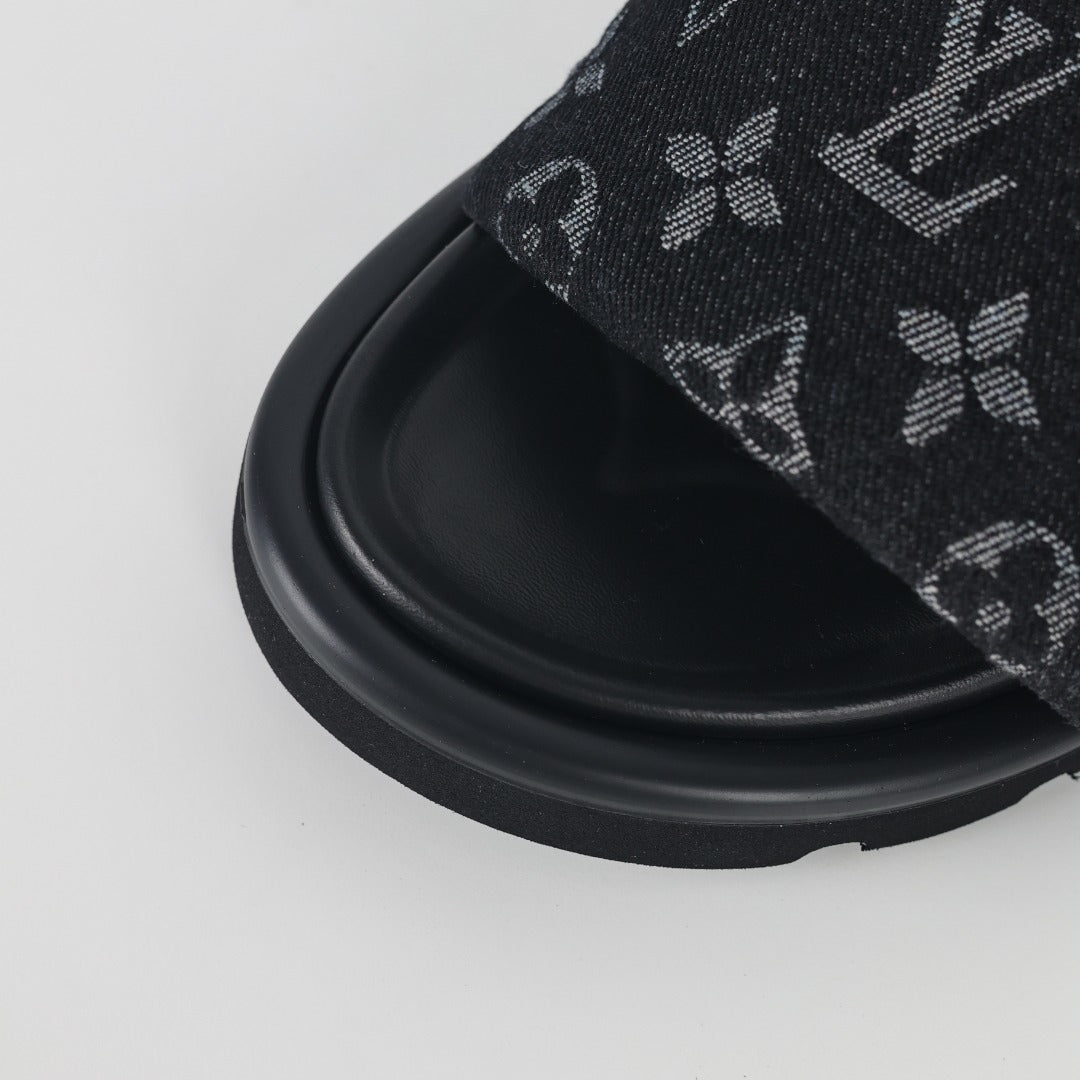 L***V All-Black Tonal Monogram Double Strap Flat Slide Sandals — 2024 Spring Summer Boutique Limited Edition