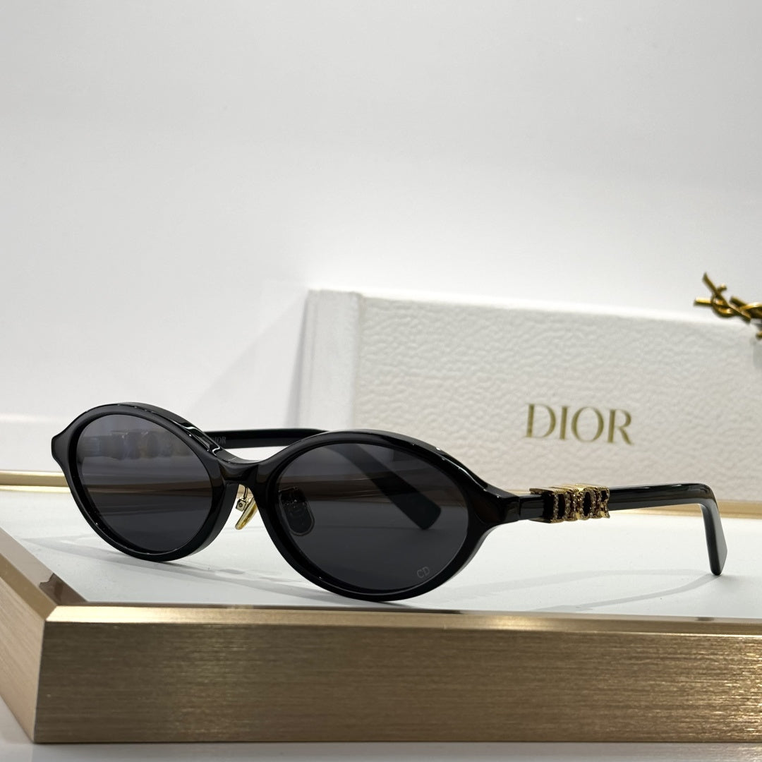 D**R Oval Cat-Eye Sunglasses | Acetate & Metal Inner Frame, Crystal-Set DIOR Letter Temple, Gradient Brown or Flat Grey Lenses | 6 Colors incl. Transparent Pink & Black