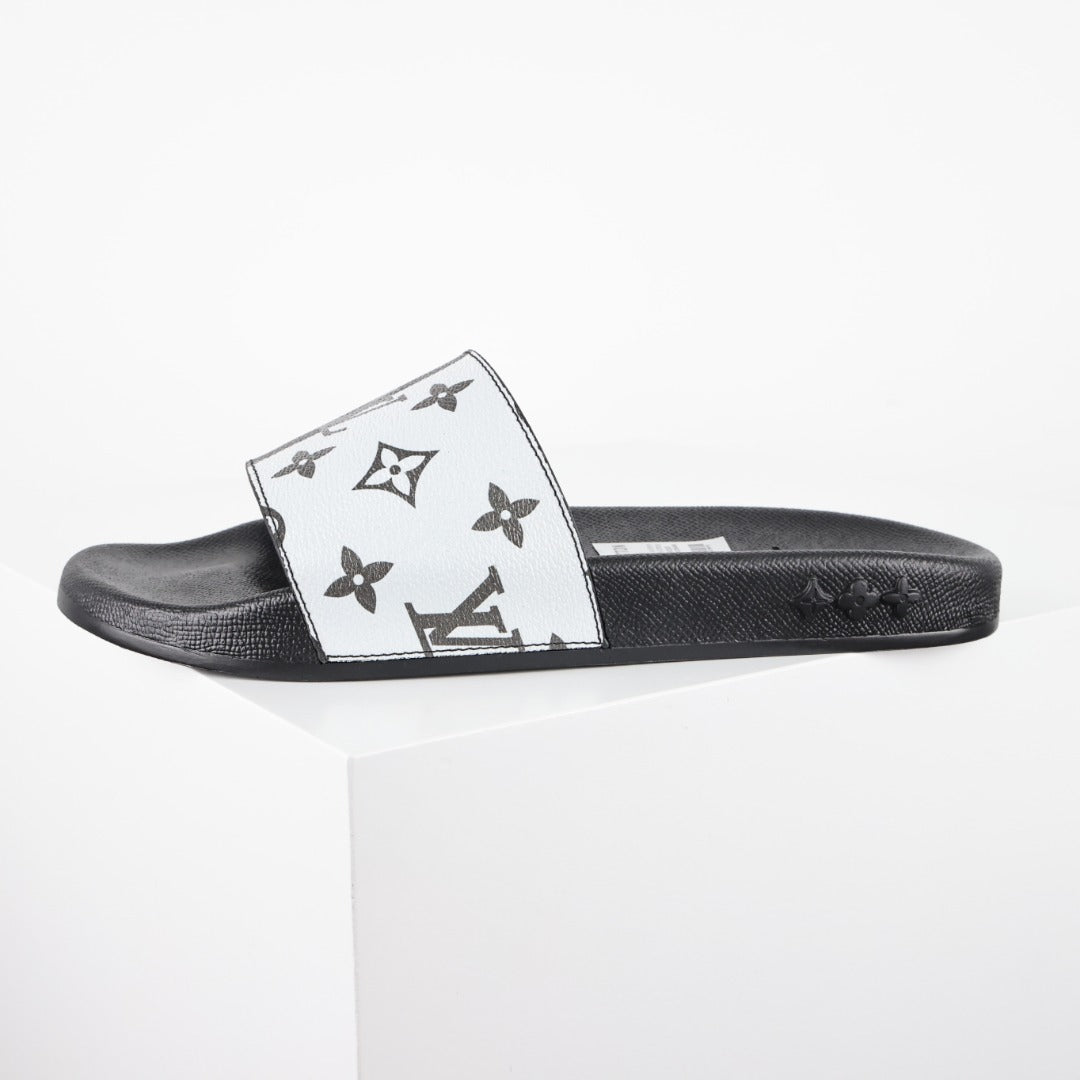 L***V White Black Grey Giant Monogram Waterfront Wide Strap Slide Sandals — Spring Summer Boutique Limited Edition