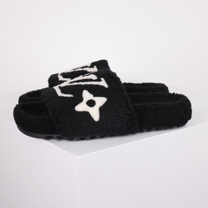 L***V Black White Monogram Shearling Lambswool Fluffy Double Strap Slide Sandals — Autumn Winter Boutique Limited Edition