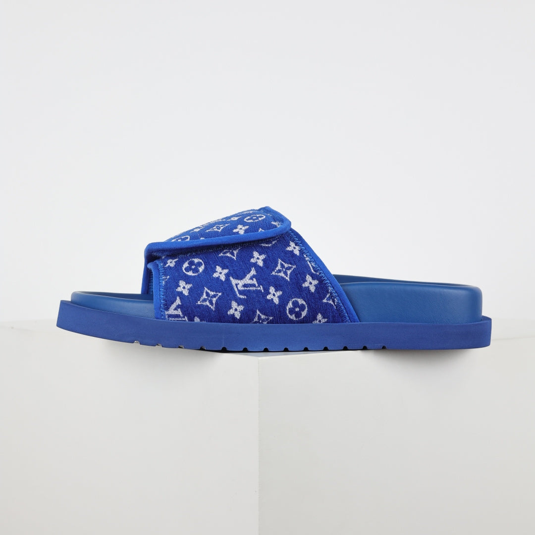 L***V Royal Blue Monogram Jacquard Twisted Bow Ruched Strap Miami Slide Sandals — Spring Summer Boutique Limited Edition