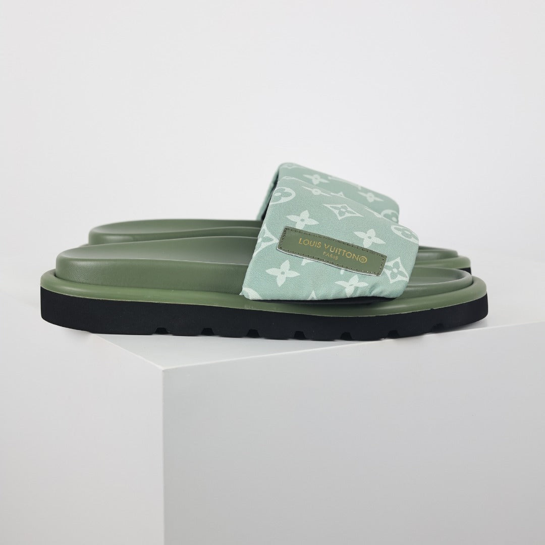 L***V Sage Green Tonal Monogram Canvas Wide Strap Platform Slide Sandals — 2024 Spring Summer Boutique Limited Edition