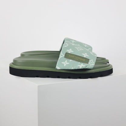 L***V Sage Green Tonal Monogram Canvas Wide Strap Platform Slide Sandals — 2024 Spring Summer Boutique Limited Edition