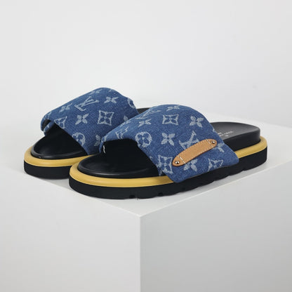 L***V Blue Denim Monogram Gold Bar Platform Slide Sandals — 2024 Spring Summer Boutique Limited Edition
