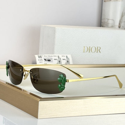 D**R Clover S1U Rimless Sunglasses | Gold Metal Frame, Dark Green Floral Detail & Grey Lenses