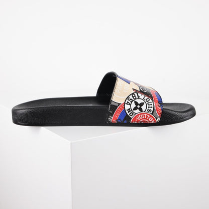 L***V White Multicolor Circular Badge Travel Sticker Print Waterfront Wide Strap Slide Sandals — Spring Summer Boutique Limited Edition