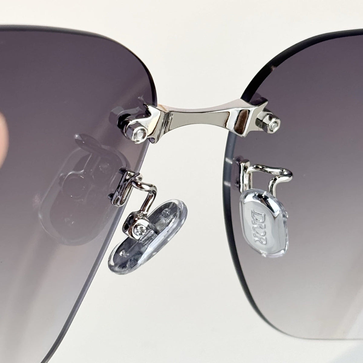 D**R Rimless Square Sunglasses | Silver Metal Temples, 3D Black Floral Detail & Grey Gradient Lenses
