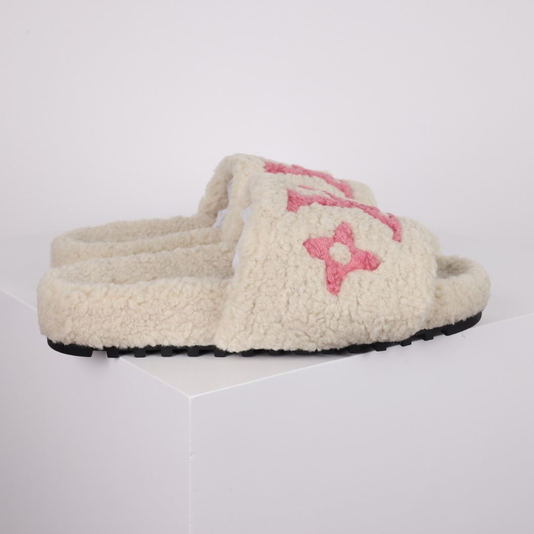 L***V Dark Chocolate Brown Tonal Monogram Shearling Lambswool Double Strap Slide Sandals — Autumn Winter Boutique Limited Edition