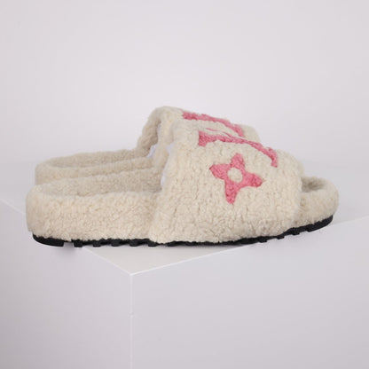L***V Dark Chocolate Brown Tonal Monogram Shearling Lambswool Double Strap Slide Sandals — Autumn Winter Boutique Limited Edition