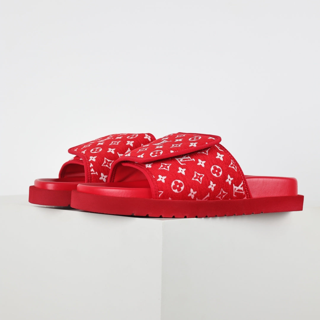 L***V Scarlet Red Monogram Jacquard Twisted Bow Ruched Strap Miami Slide Sandals — Spring Summer Boutique Limited Edition