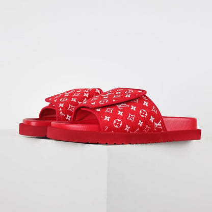 L***V Scarlet Red Monogram Jacquard Twisted Bow Ruched Strap Miami Slide Sandals — Spring Summer Boutique Limited Edition