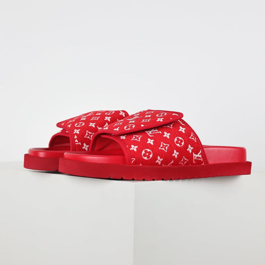 L***V Scarlet Red Monogram Jacquard Twisted Bow Ruched Strap Miami Slide Sandals — Spring Summer Boutique Limited Edition