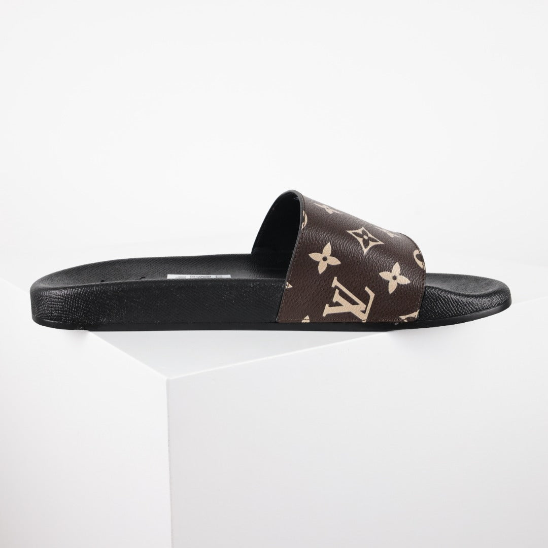 L***V Brown Monogram Cobalt Blue Split Colorblock Waterfront Wide Strap Slide Sandals — Spring Summer Boutique Limited Edition