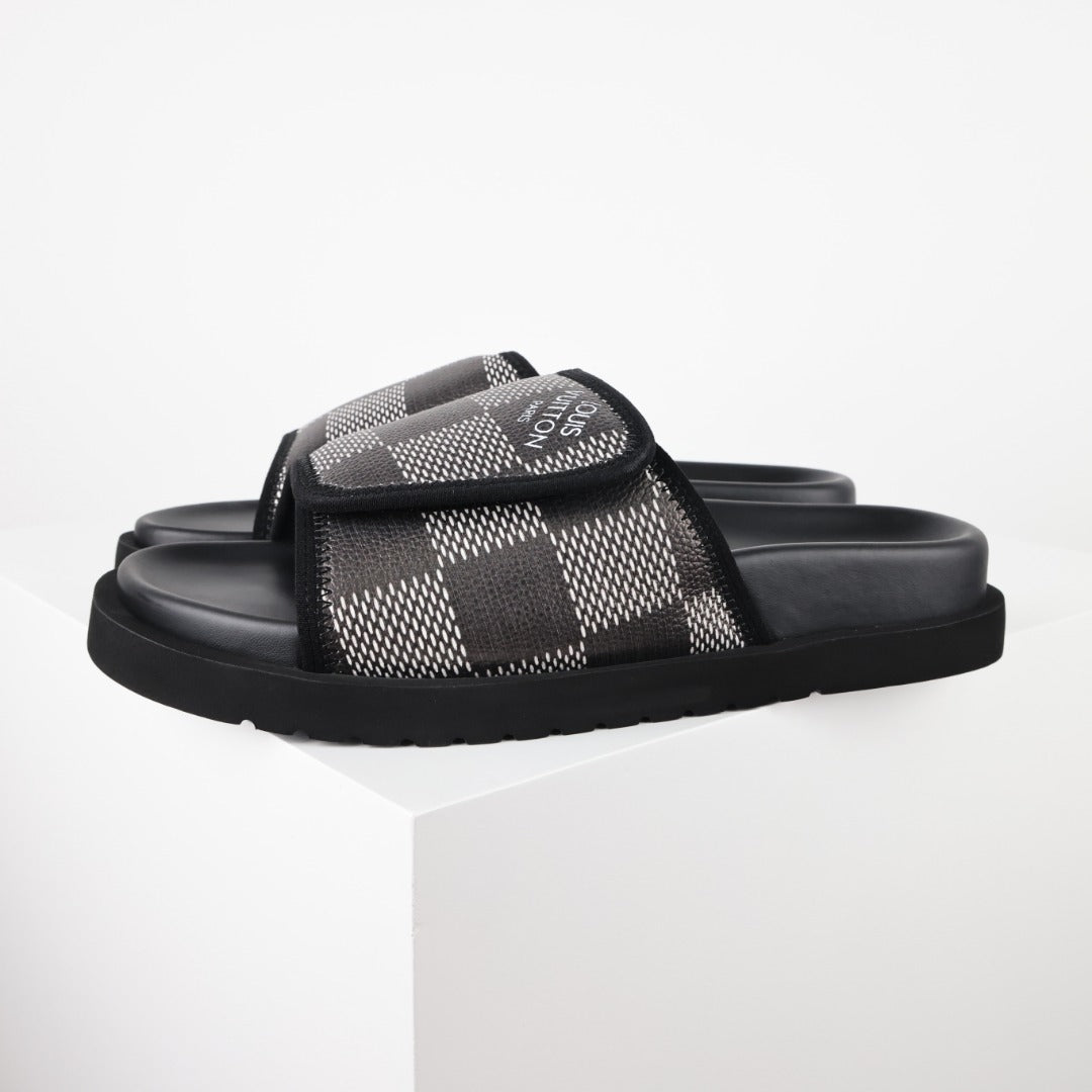 L***V Damier Graphite Black White Grey Woven Jacquard Velcro Adjustable Wide Strap Miami Slide Sandals — Spring Summer Boutique Limited Edition