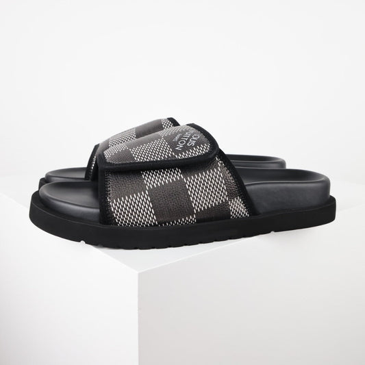 L***V Damier Graphite Black White Grey Woven Jacquard Velcro Adjustable Wide Strap Miami Slide Sandals — Spring Summer Boutique Limited Edition