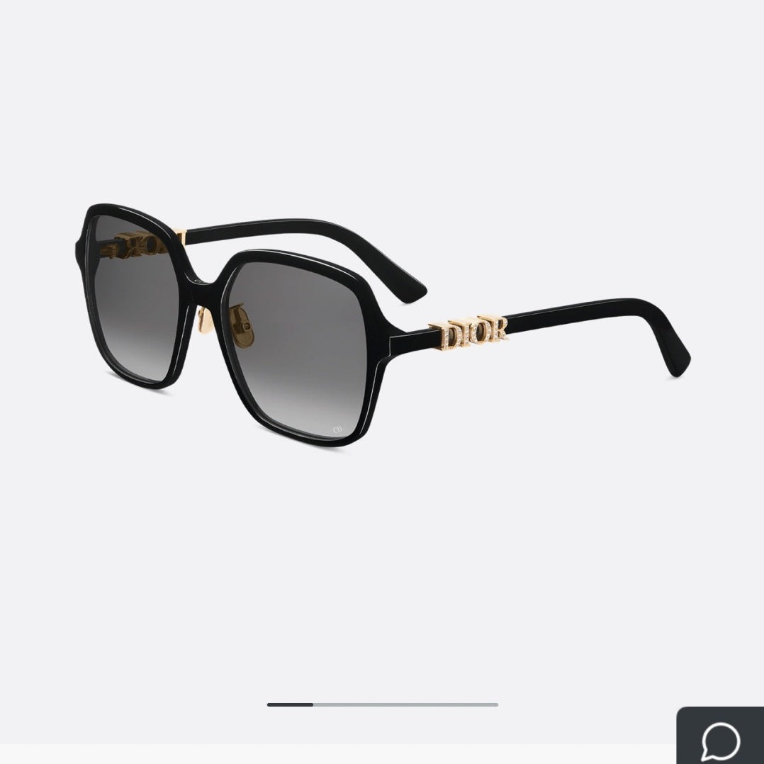 D**R Oversized Square Sunglasses | Gloss Black Acetate, Gold Crystal-Set DIOR Letter Temple, Gradient Grey Lenses, CD Monogram Print